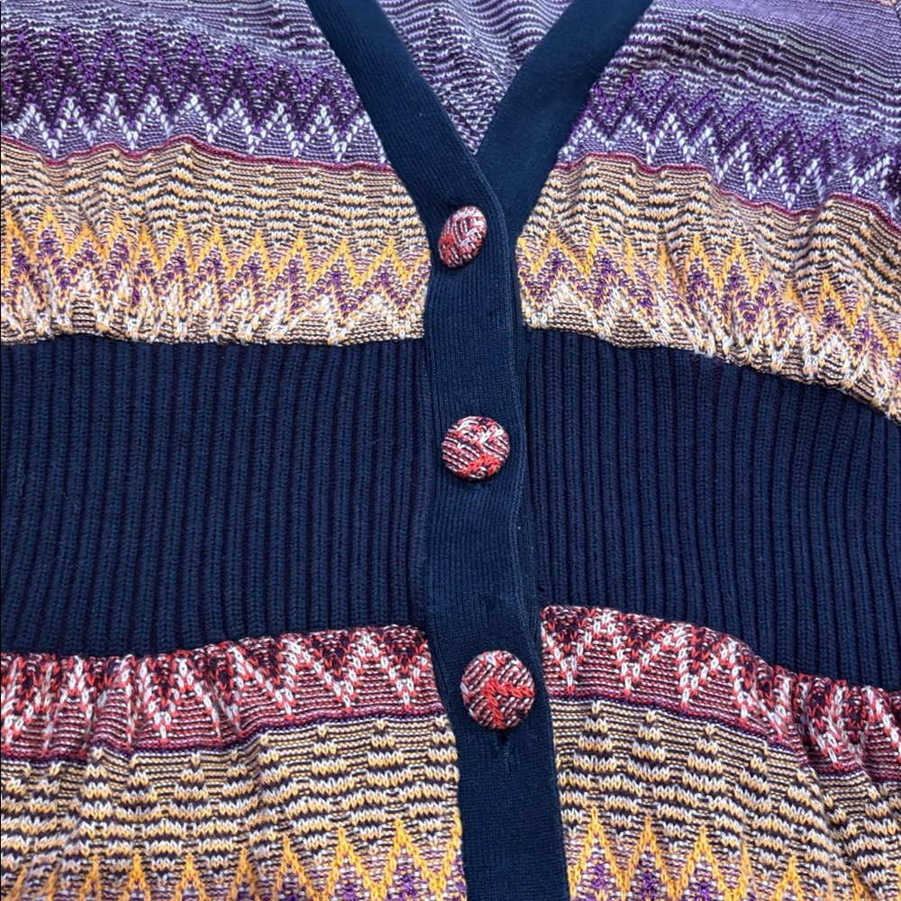 MOTH S Purple Puff Sleeve Fabric Button Up V-Neck Cardigan Sweater Zig Zag - Picture 3 of 5